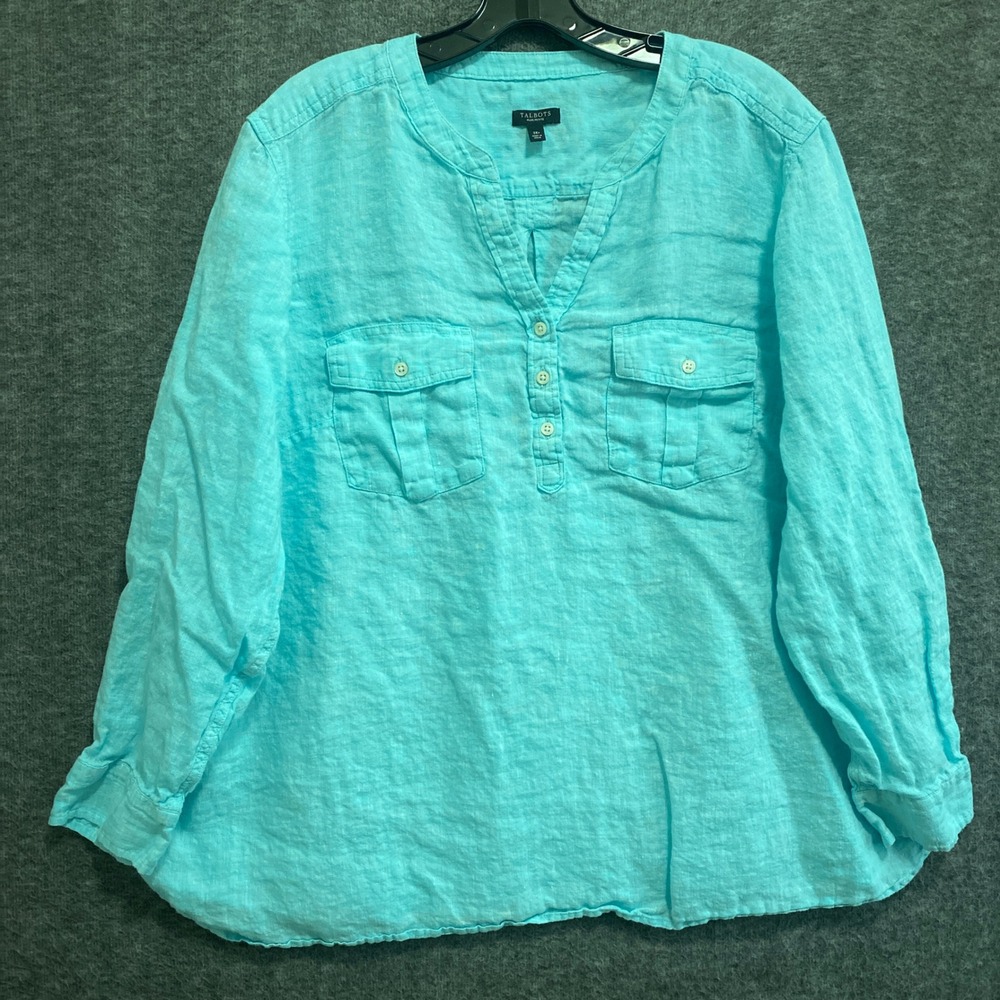 Talbots Tunic Top Women 3XP Aqua Linen Coastal Grandma Beachy Vacation Resort